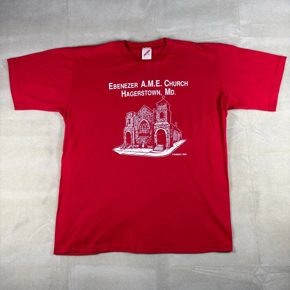 Vintage 90s Ebenezer AME Church T Shirt USA Made‎ Red Graphic Religious Tee Mens